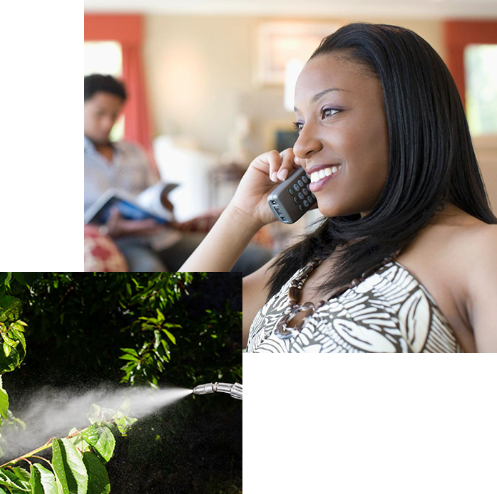 A woman talking on the phone and another person in a room